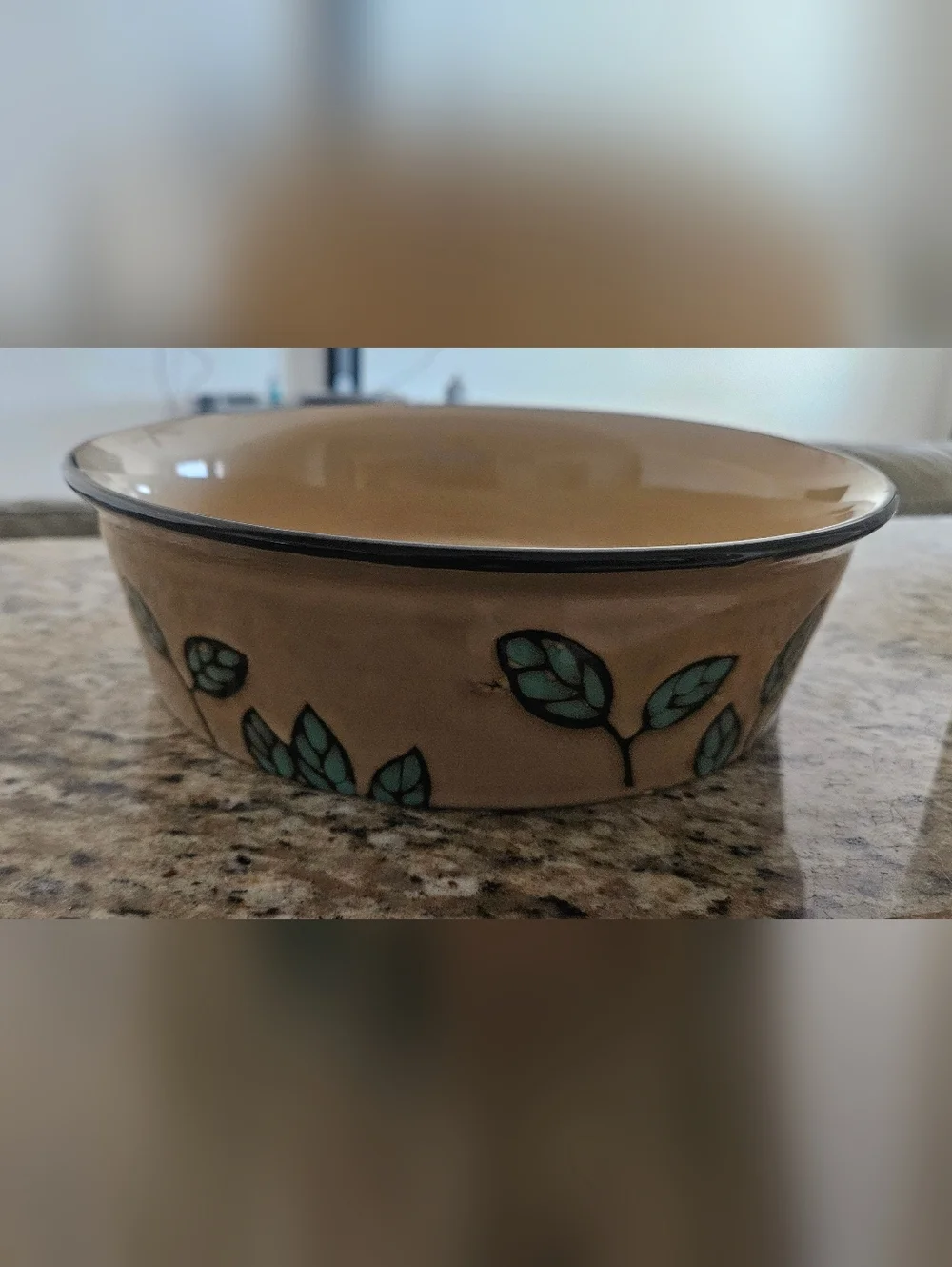 Gibson Round Ceramic Dog Bowl in Tan with Cream Rim With Green Leaves On Side